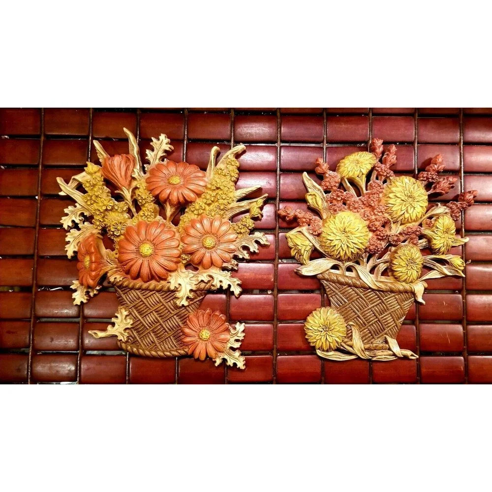 Vintage 1977 Mid Century Autumnal Fall Flower Basket 3D Wall Art Burwood